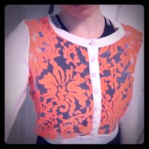 Boutique coral and white lace cardigan